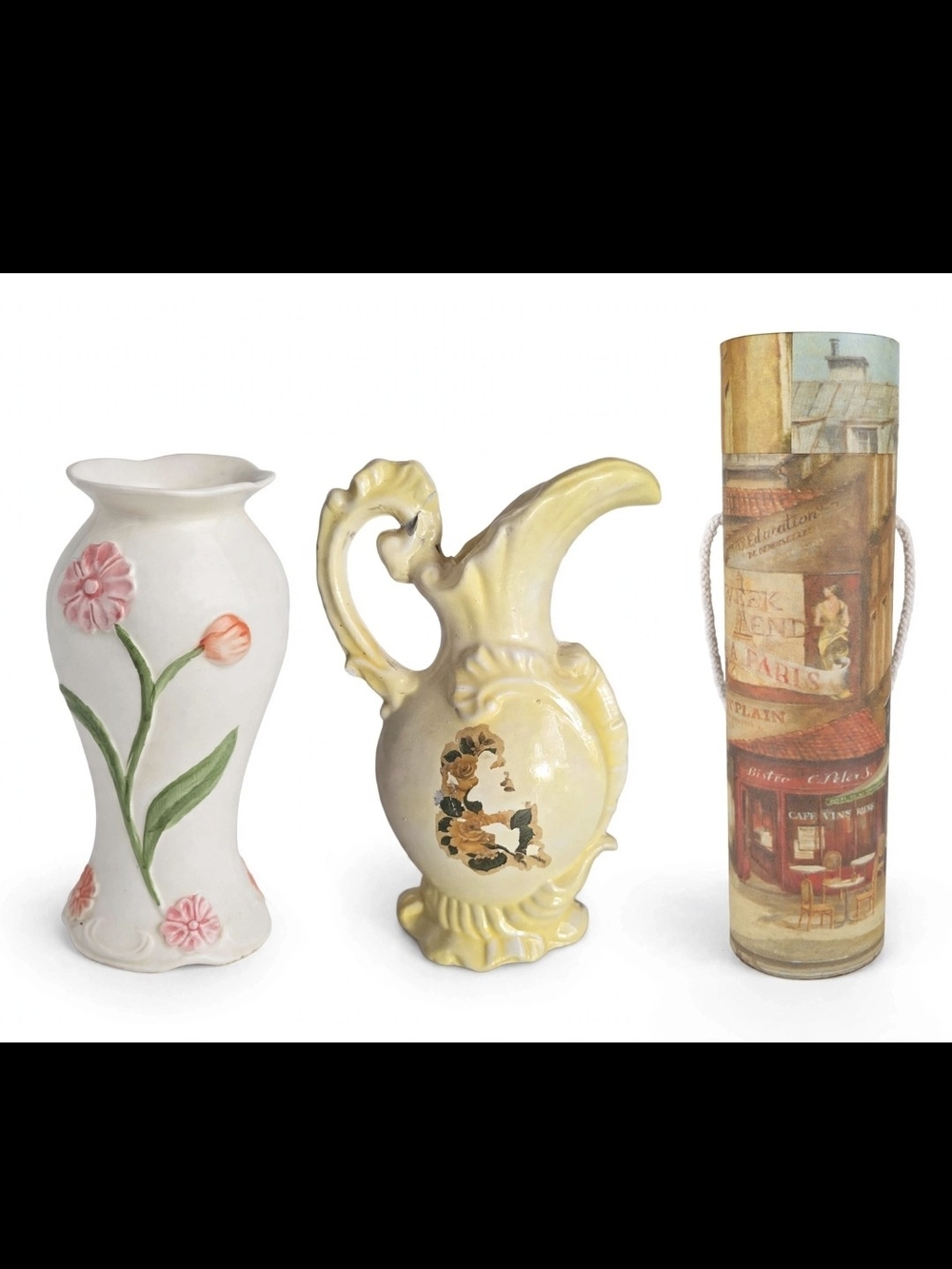 White Ceramic Floral Vase with Pink and Green Accents